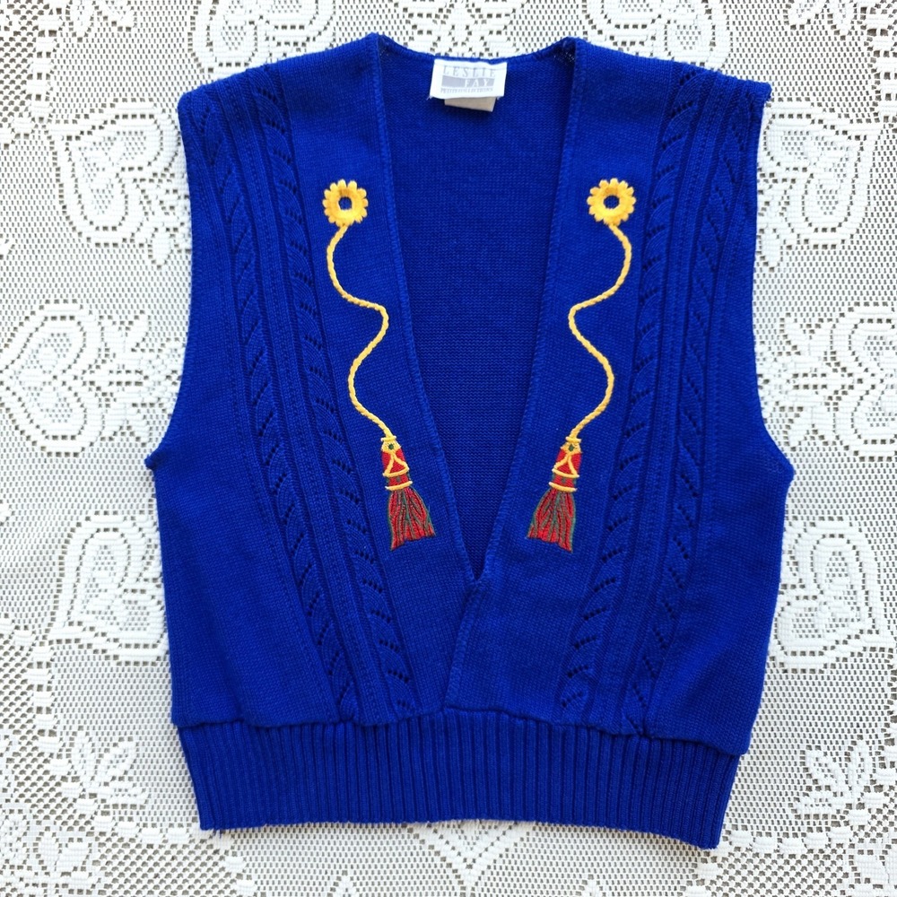 VTG 90s Deep V-Neck Sweater Vest Size S Jewel Blue Embroidered Preppy 90s Tassel